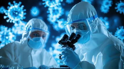 Poster - Medical professionals in protective gear examine viruses using a microscope, highlighting the urgent efforts in disease control and research. Generative AI