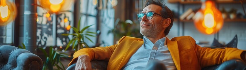 confident businessman in a stylish blazer sitting comfortably in a modern office, surrounded by warm