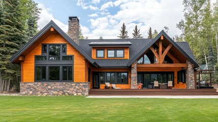 Sticker - A modern wooden house with stone accents, large windows, and a covered deck surrounded by trees and green grass.