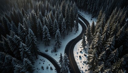 Wall Mural - Winding Road Through Winter Forest