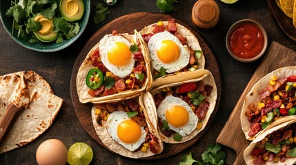 A spread of Southwestern-style breakfast tacos with eggs and bacon, top view, with copy space available.