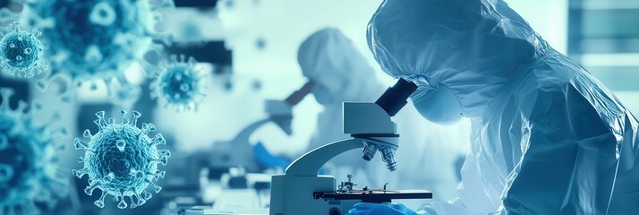 Aufkleber - Medical personnel in protective suits analyze viral samples through microscopes, highlighting their efforts in disease control and research. Generative AI