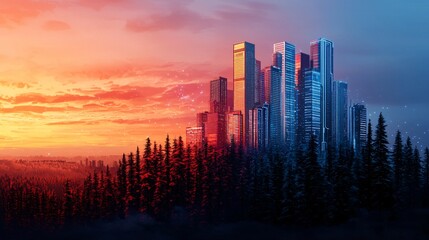 Poster - Cityscape at Sunset with Forest in Foreground.