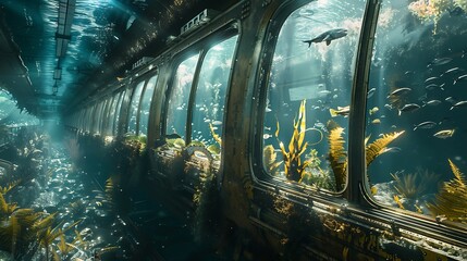 Wall Mural - Submerged Train in an Underwater World