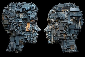 Sticker - Black white digital illustration of two human heads composed of circuit boards representing fusion of technology human cognition and artificial intelligence in high contrast futuristic design