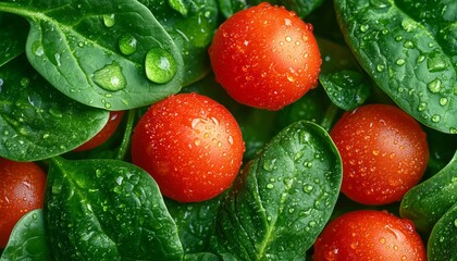 Spinach green closeup leaves and red tomato pattern vegetable agriculture background