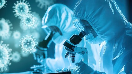 Aufkleber - Two medical professionals in protective suits closely monitor viruses through a microscope, highlighting efforts in disease control and prevention. Generative AI