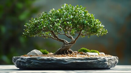 Wall Mural - Bonsai Tree in a Pot with Stones and Moss Photo