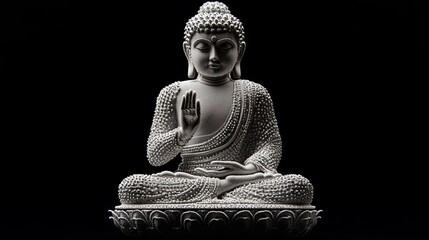 A serene Buddha statue meditating peacefully on a dark background