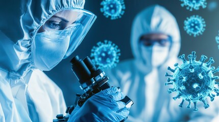 Aufkleber - Medical personnel in protective suits analyze viruses using a microscope, emphasizing the importance of disease control and public health safety. Generative AI