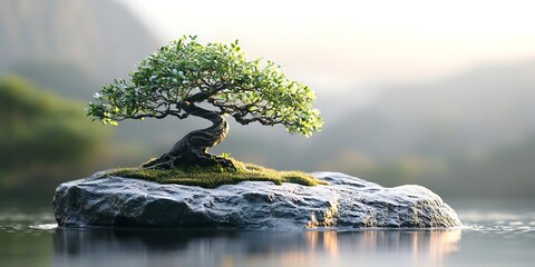 Wall Mural - Bonsai Tree on a Rock in a Lake - 3D Illustration