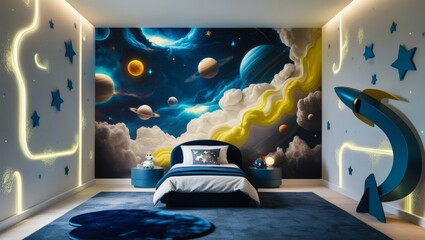 Wall Mural - Space theme. Creative and bright eco design of a children's room. Bright fantasy wallpaper on the wall of baby room.