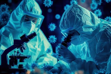 Poster - Medical professionals in protective suits examine viruses through a microscope, working diligently to control disease outbreaks in a laboratory environment. Generative AI