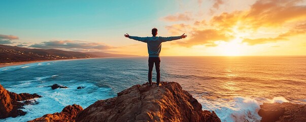 Man with arms outstretched on a cliff overlooking the ocean at sunset.