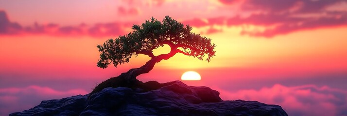 Wall Mural - Silhouette of a Tree on a Rock at Sunset - Illustration