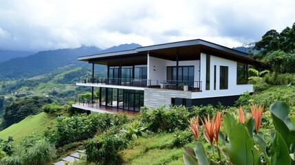 Sticker - Modern white house with large windows overlooking lush green hills with cloudy sky.