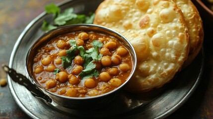 Wall Mural - A bowl of chole (spiced chickpea curry) served with fluffy bhature (fried bread) on a metal plate