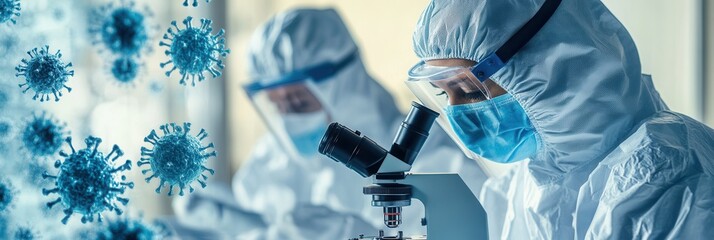Aufkleber - Health professionals in protective gear examine viruses under a microscope, promoting disease control and safety in a laboratory setting. Generative AI