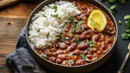 Wall Mural - A bowl of rajma (kidney bean curry) served with steamed basmati rice and a slice of lemon