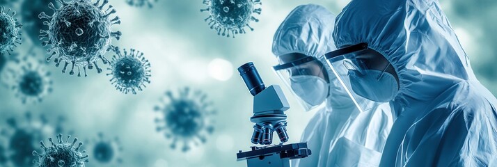 Poster - Medical professionals in protective gear focus on a microscope, investigating viruses while symbols of disease control surround them in a laboratory setting. Generative AI