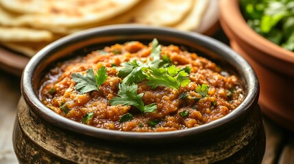 A dish of baingan bharta (smoked eggplant curry) garnished with coriander leaves and served with roti