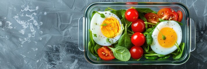 Sticker - Healthy lunchbox featuring eggs and vegetables in a clear container with empty space for text.