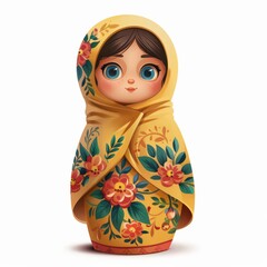 Wall Mural - A colorful cartoon illustration of a traditional Russian nesting doll, known as a Matryoshka doll, in a yellow dress with a floral design