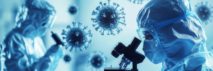 Aufkleber - Medical workers don protective suits as they study viruses under a microscope, highlighting crucial research in disease control and prevention. Generative AI