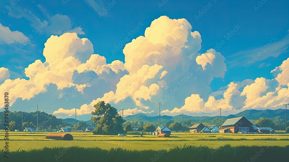 Animated sky with rolling thunderclouds above a tranquil farm landscape ...