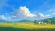 © indyntk - Animated sky with rolling thunderclouds above a tranquil farm landscape featuring fields, barns, and a distant mountain range