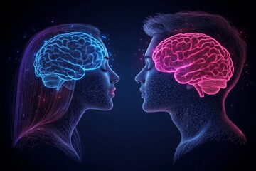 Canvas Print - Neon colored digital illustration of two human profiles with glowing brains connected by vibrant light symbolizing advanced cognitive communication neural connection and sharing of ideas