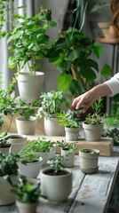 A woman in light-colored overalls tends to potted plants on a white wooden table. Indoor gardening concept, nurturing plants.