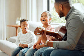 Poster - Singing, children and dad with guitar, living room and teaching of music to kids, love and talent. House, creative and artist with siblings, boy and sister in lounge, learning or listen to instrument