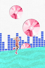 Wall Mural - Vertical photo collage of happy girl dance volume chart sound cd disk melody listen headphones club occasion isolated on painted background