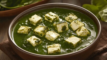 Wall Mural - A rich bowl of palak paneer with cubes of paneer in a creamy spinach sauce, garnished with cream