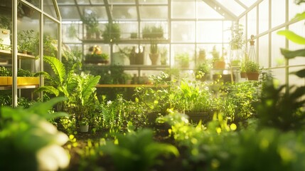 Poster - Lush greenery inside a sun-drenched greenhouse with a blurred background.