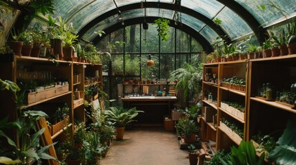 Canvas Print - A greenhouse with a wooden table and shelves filled with various plants, surrounded by a lush green forest view.