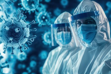 Aufkleber - Medical professionals in protective gear observe viruses seen clearly under a microscope, highlighting efforts in disease control and research. Generative AI