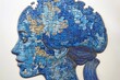© Leo - Artistic profile of a womans head made of blue puzzle pieces symbolizing the assembly of identity cognitive complexity and the intricate nature of thoughts in a reflective blue themed composition