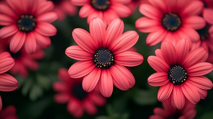 Vibrant pink daisies bloom in a lush garden during the warm afternoon light