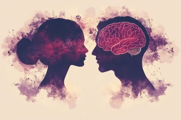 Wall Mural - Silhouetted Couple Facing Each Other with Brain Illustrations Symbolizing Cognitive Connection Emotional Bond and Neural Interactions in Abstract Style