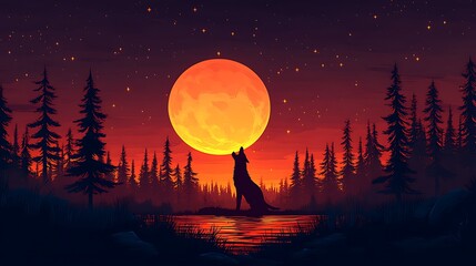 Wall Mural - Silhouetted Wolf Howling at Full Moon in Forest Landscape