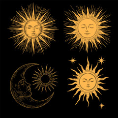 Wall Mural - vector illustration set of moon phases. different stages of moonlight activity in vintage engraving 