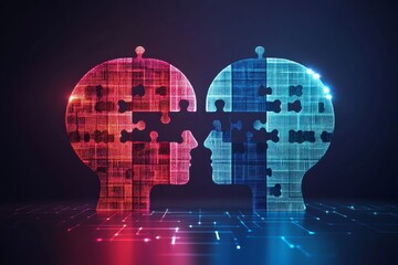 Sticker - Red and Blue Puzzle Heads Facing Each Other Representing the Contrast and Interaction Between Different Cognitive and Emotional States in a Technological Context