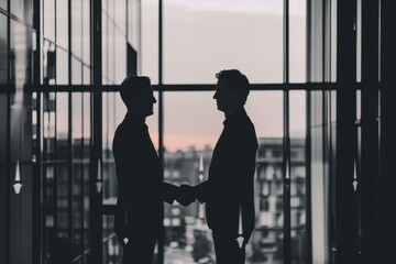 Wall Mural - The sillouettes of two businessmen shaking hands at the window of an office