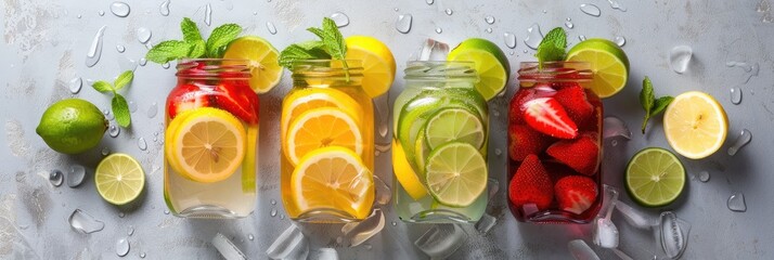 Wall Mural - Vibrant Infused Water with Lemon, Lime, Mint, and Strawberry � Refreshing and Wholesome Summer Beverages