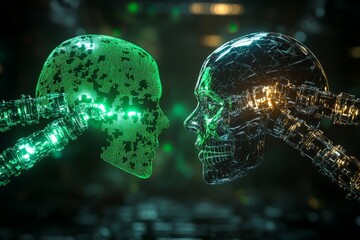 Poster - Couple in a Cybernetic Setting with Glowing Brain Connections Emphasizing Neural Synchronization Cognitive Unity and Technological Bonding in a Futuristic Context