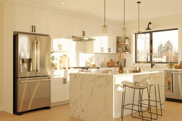 A bright and airy kitchen with white cabinets, a marble island, and stainless steel appliances. Sunlight streams through the window, illuminating the space