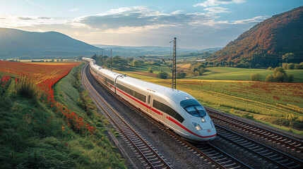 Wall Mural - An aerial view of a scenic landscape as a high-speed train passes through it. Generative AI.