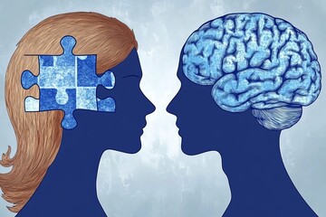 Sticker - Blue Female Silhouette with Brain Puzzle Depicting Cognitive Process Emotional Interaction and the Integration of Rational Thought in an Abstract Style